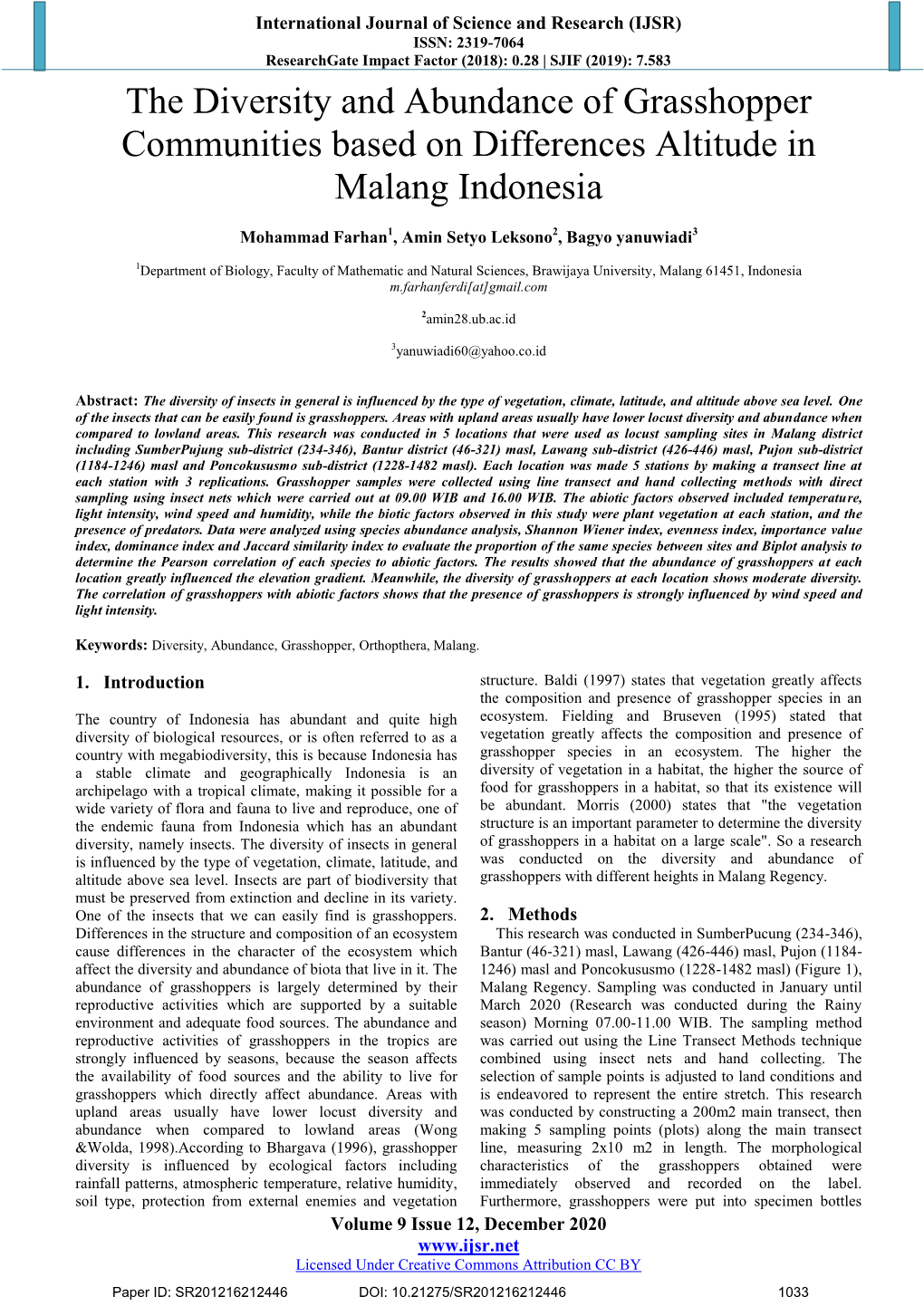 The Diversity and Abundance of Grasshopper Communities Based on Differences Altitude in Malang Indonesia