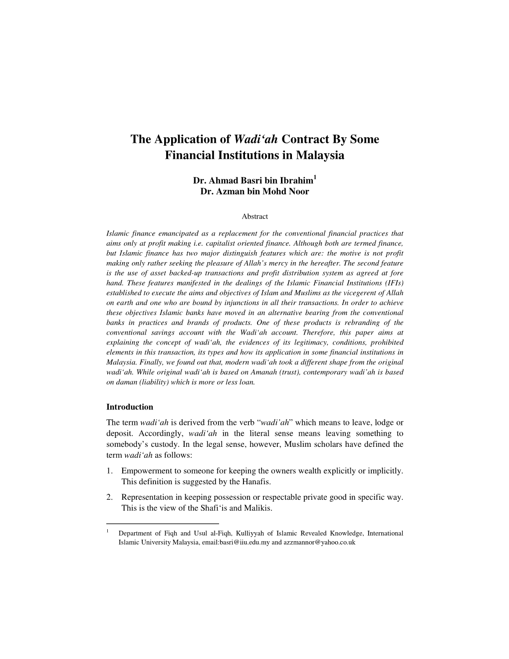 The Application of Wadi'ah Contract by Some Financial Institutions In