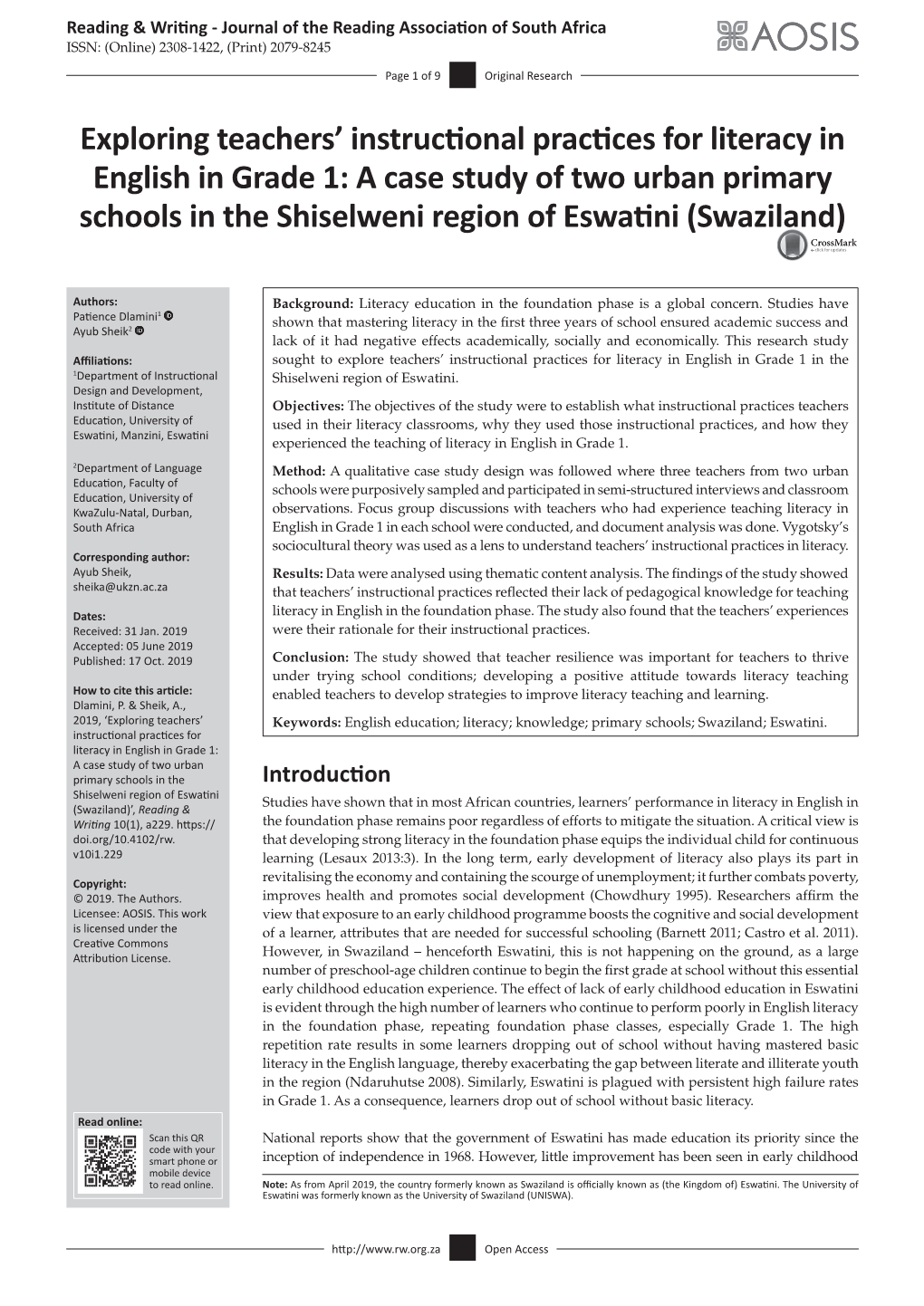 Exploring Teachers' Instructional Practices for Literacy in English In