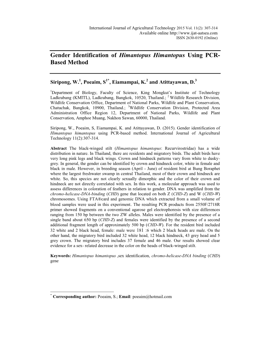 Gender Identification of Himantopus Himantopus Using PCR- Based Method