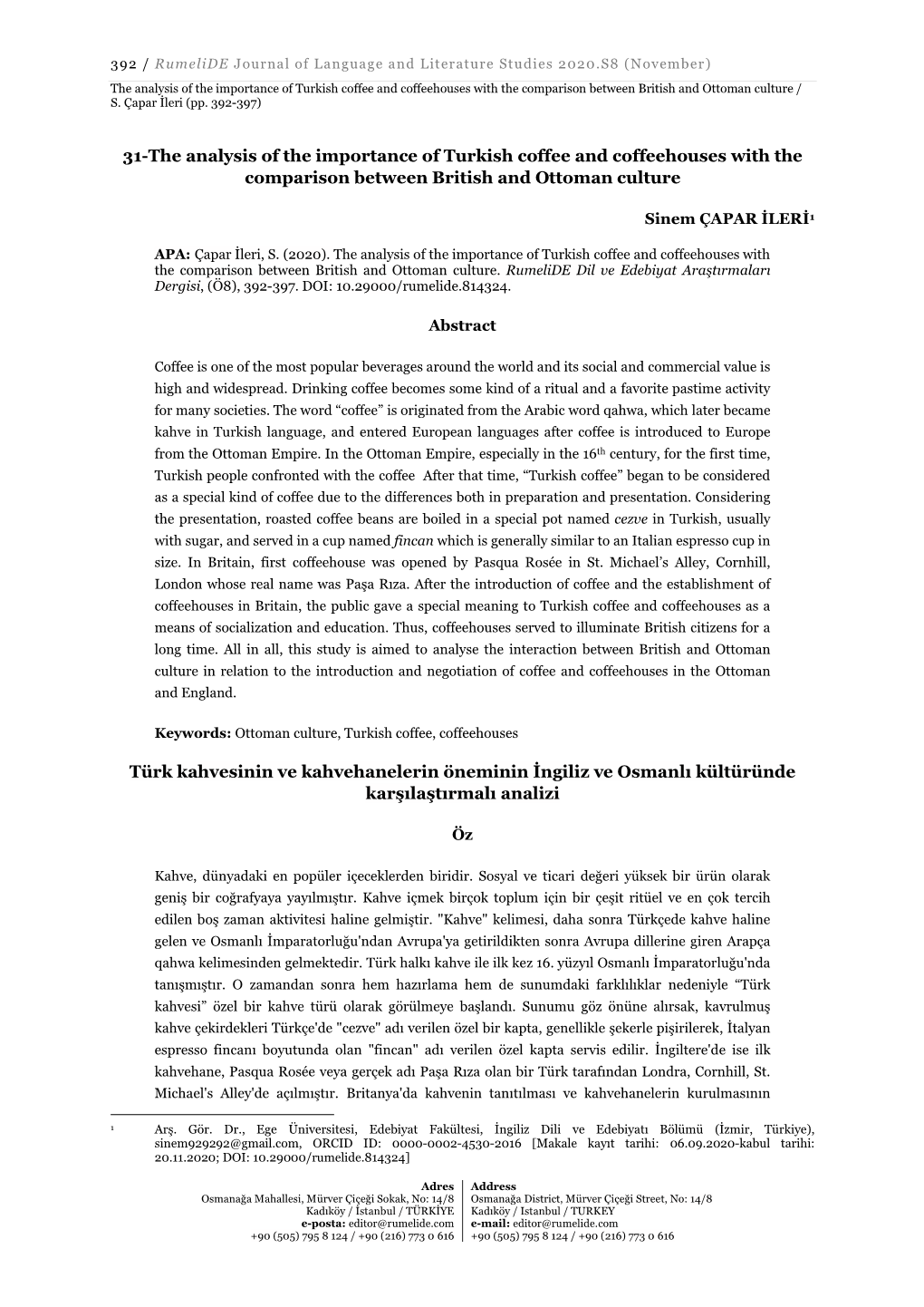 31-The Analysis of the Importance of Turkish Coffee and Coffeehouses with the Comparison Between British and Ottoman Culture