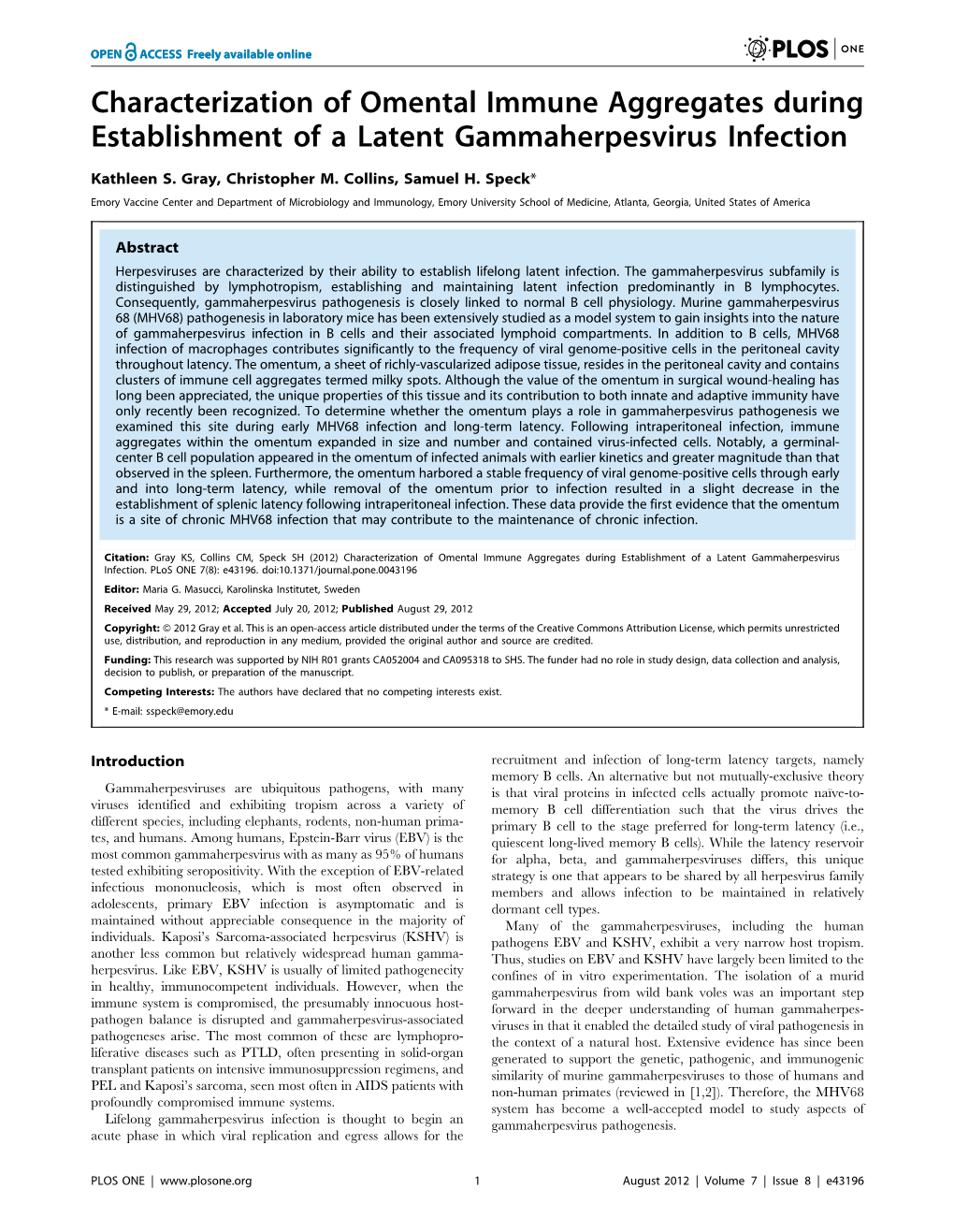 Characterization of Omental Immune Aggregates During Establishment of a Latent Gammaherpesvirus Infection