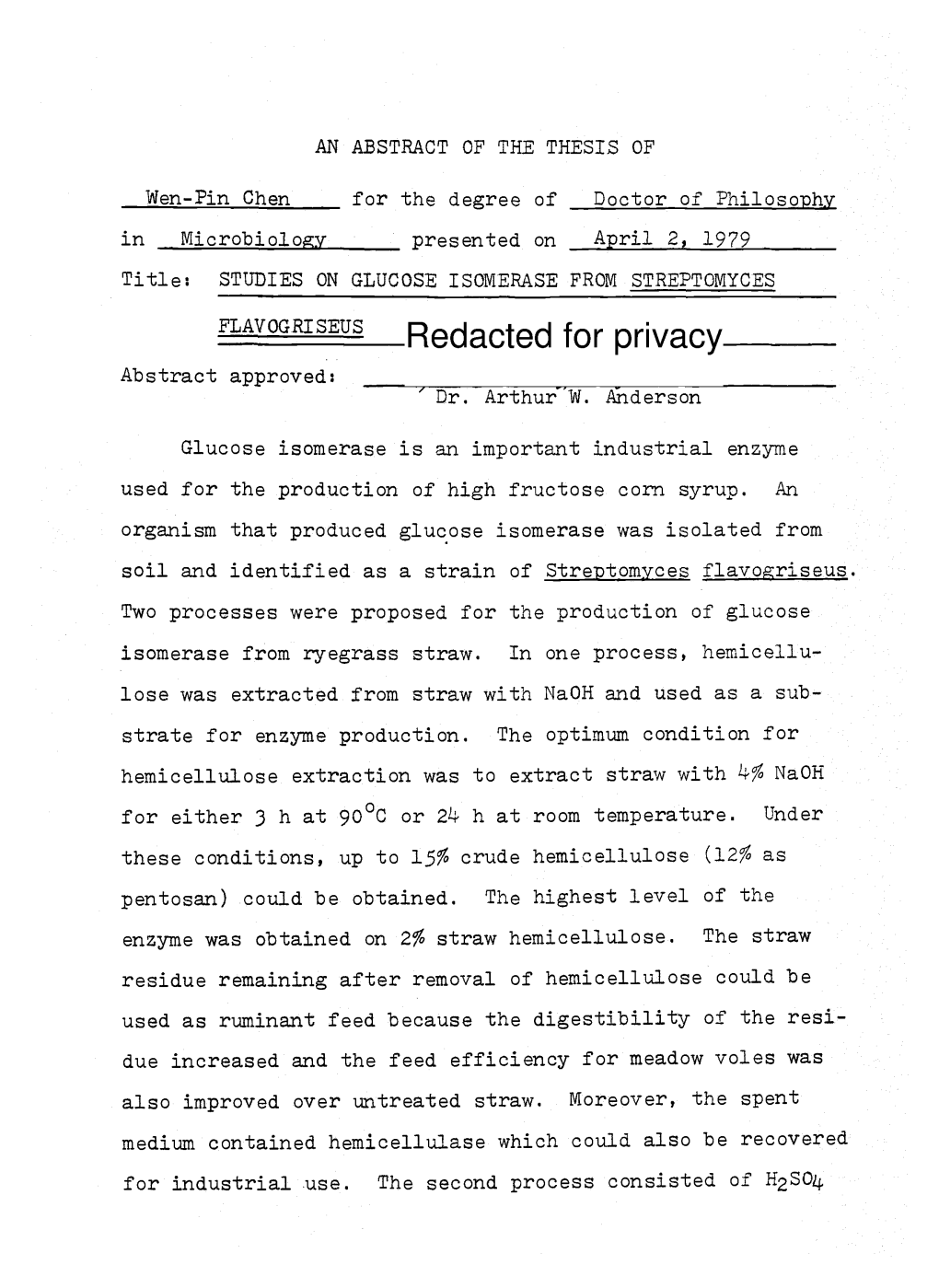 STUDIES on GLUCOSE ISOMERASE from STREPTOMYCES FLAVOGRISEUS Redacted for Privacy Abstract Approved: Dr