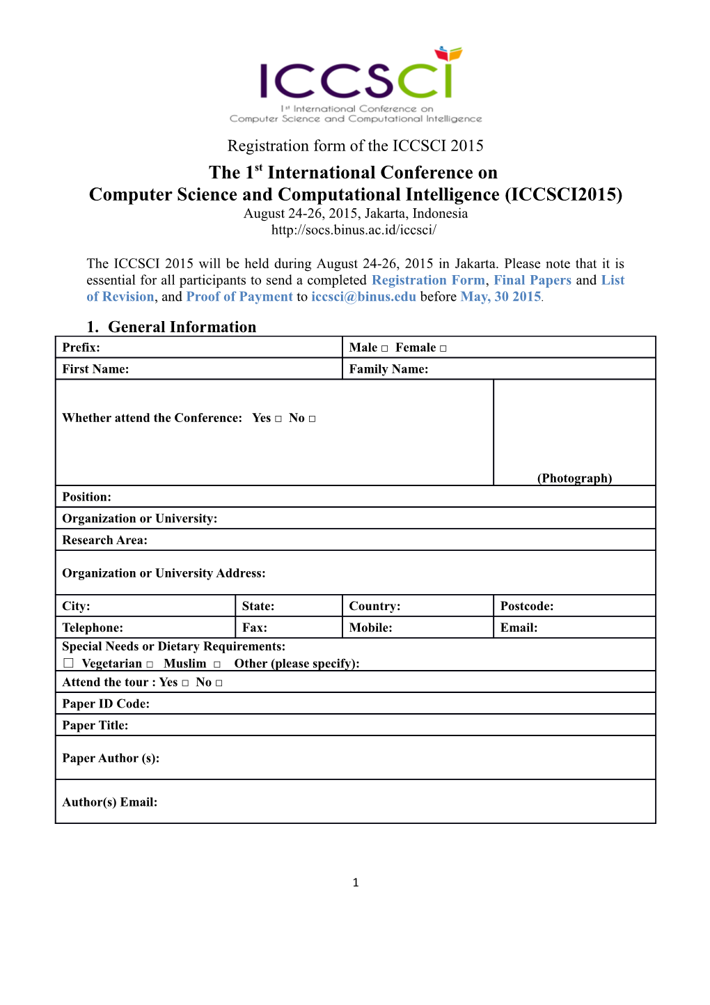 Registration Form of the ICCSCI 2015