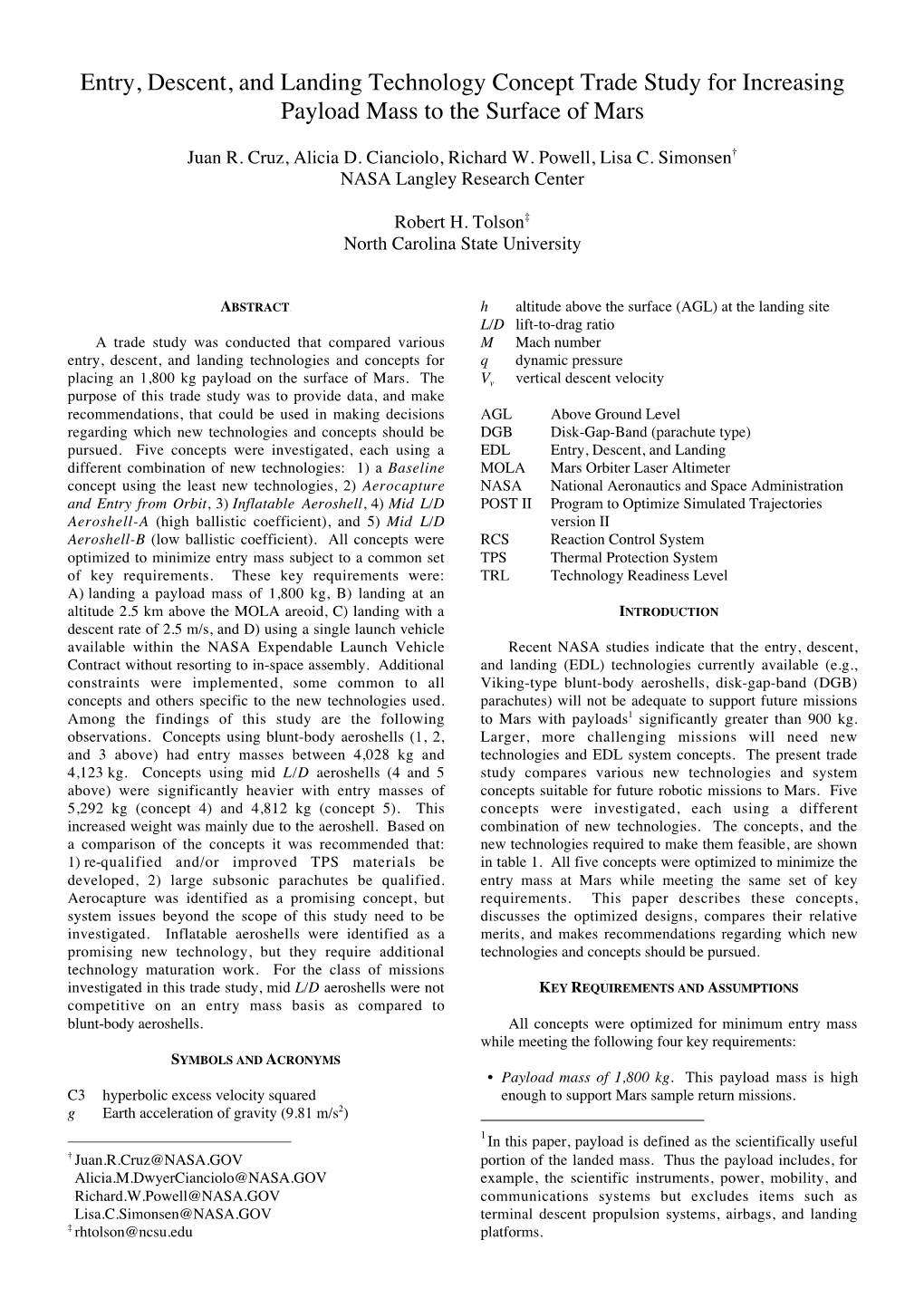 Entry, Descent, and Landing Technology Concept Trade Study for Increasing Payload Mass to the Surface of Mars