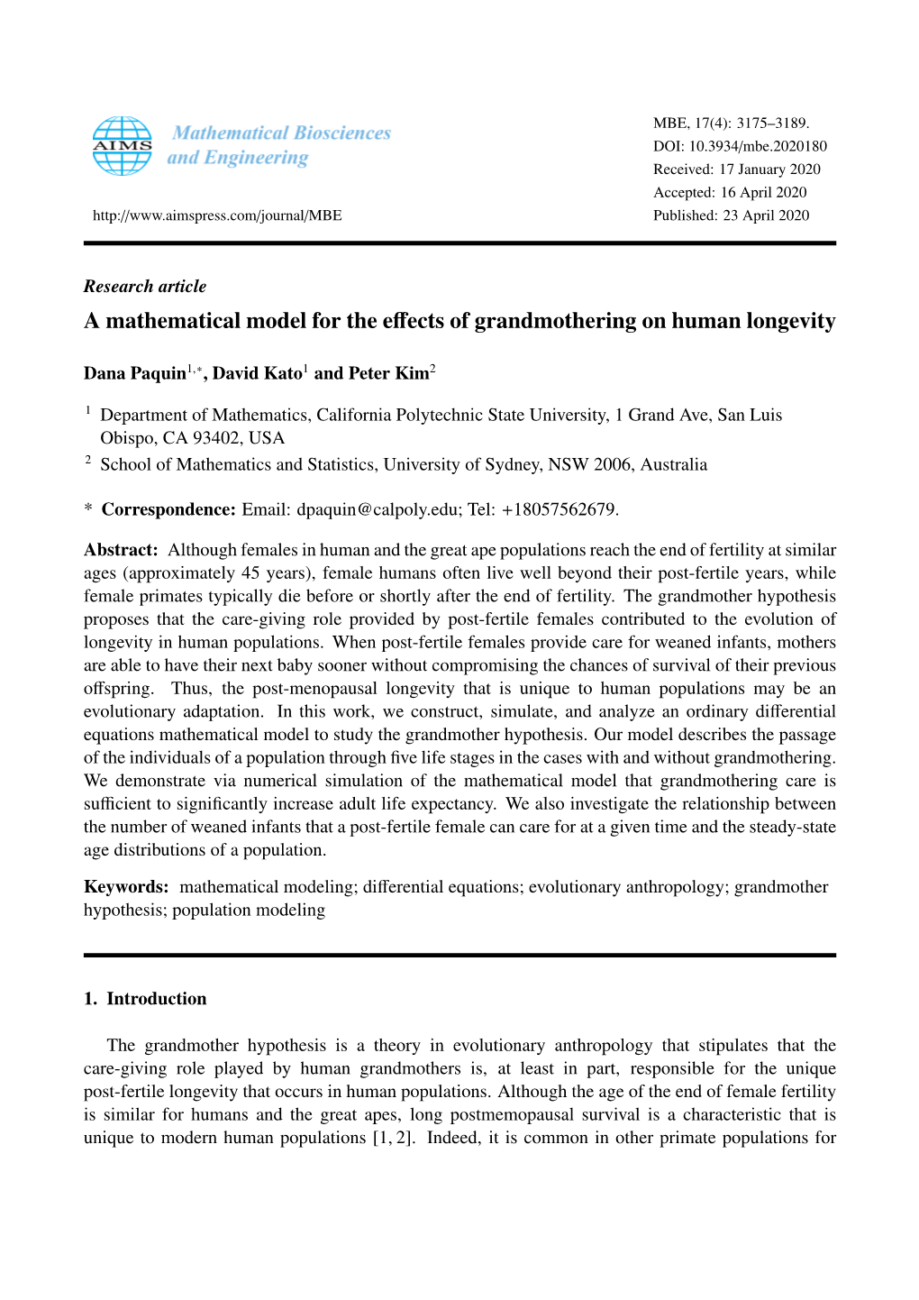 A Mathematical Model for the Effects of Grandmothering on Human Longevity