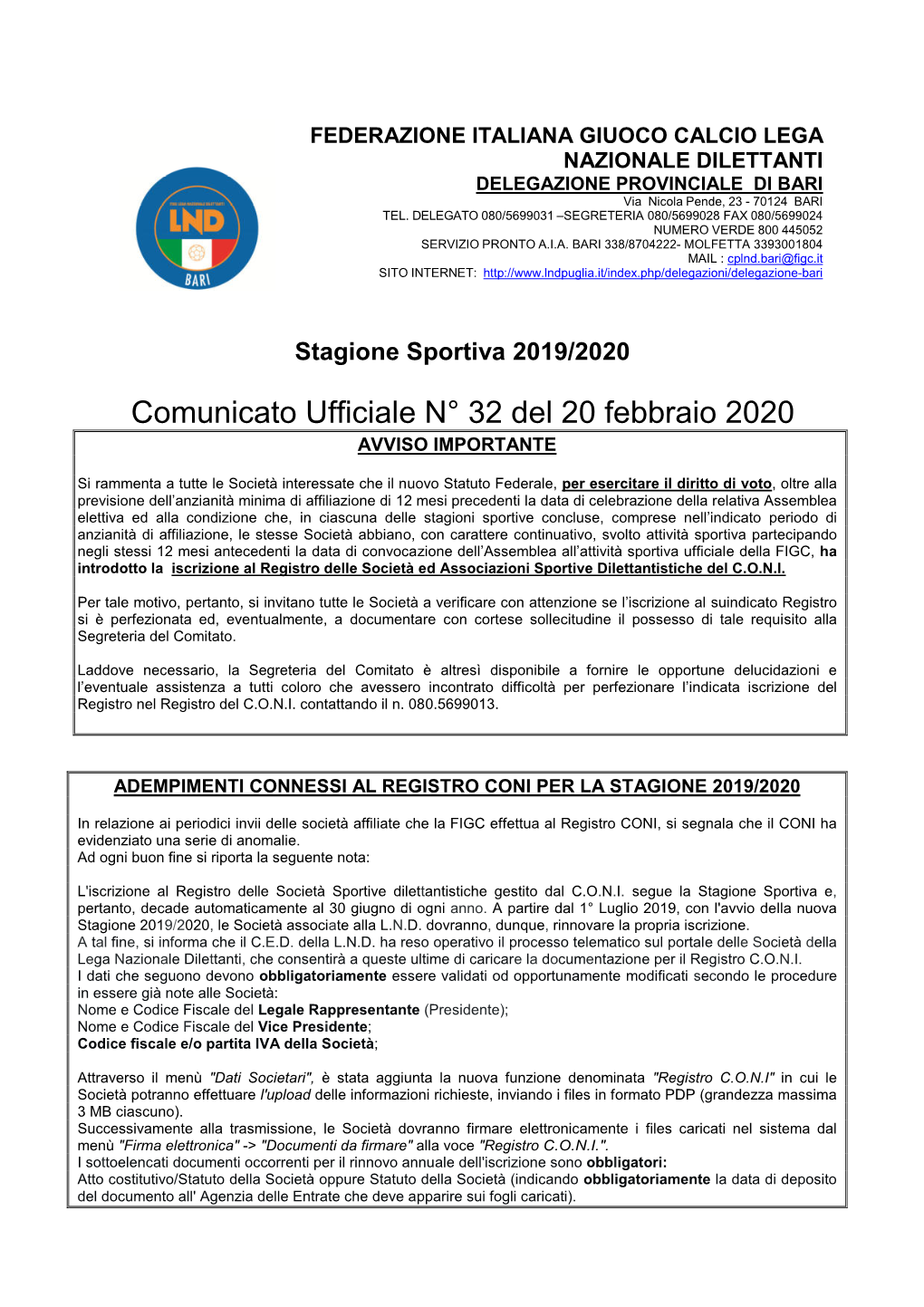 Comunicato Ufficiale N° 32 Del 20 Febbraio 2020 AVVISO IMPORTANTE