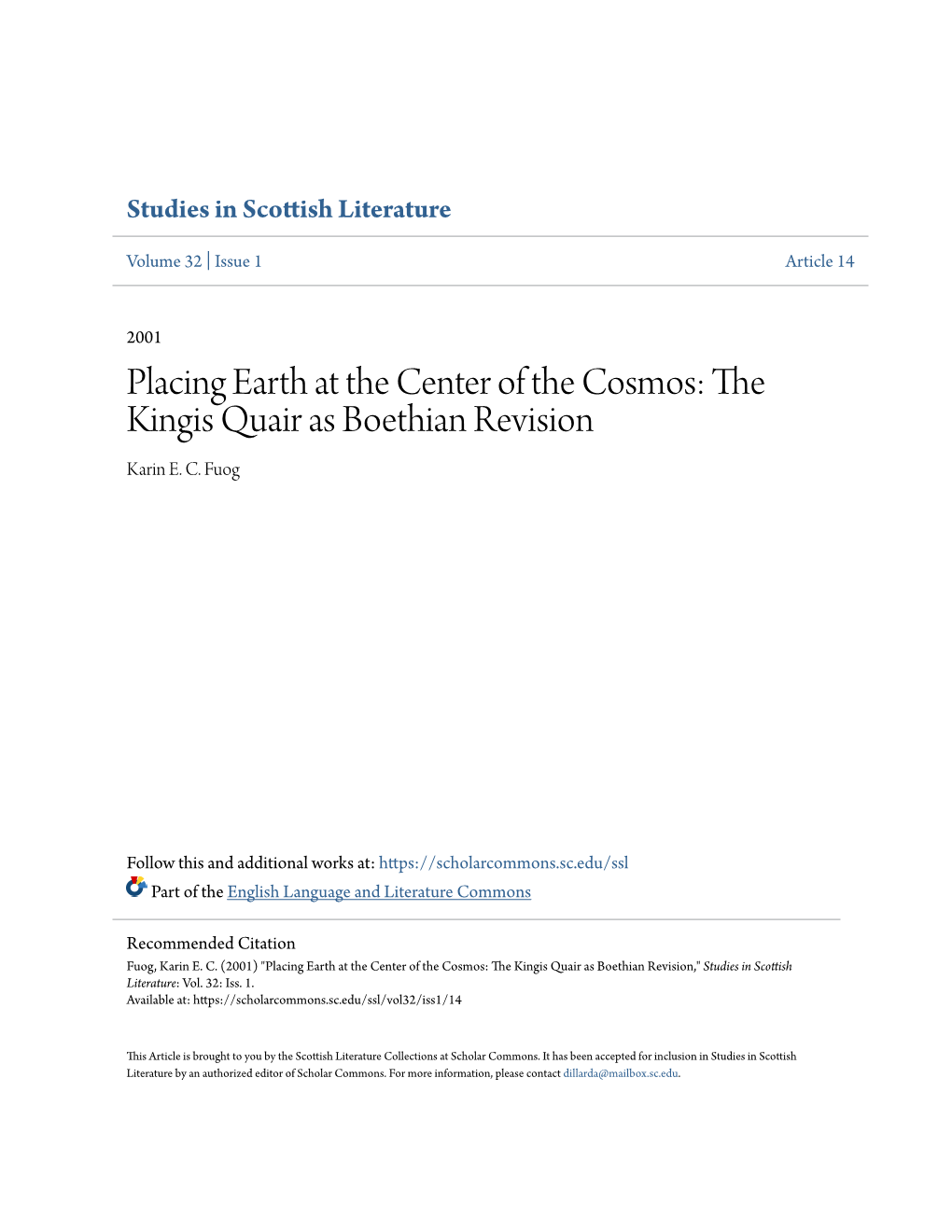 The Kingis Quair As Boethian Revision Karin E