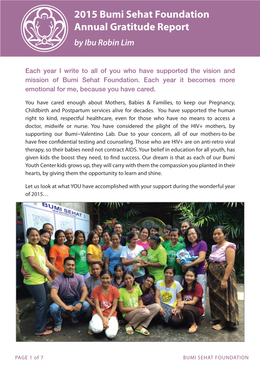 2015 Bumi Sehat Foundation Annual Gratitude Report by Ibu Robin Lim