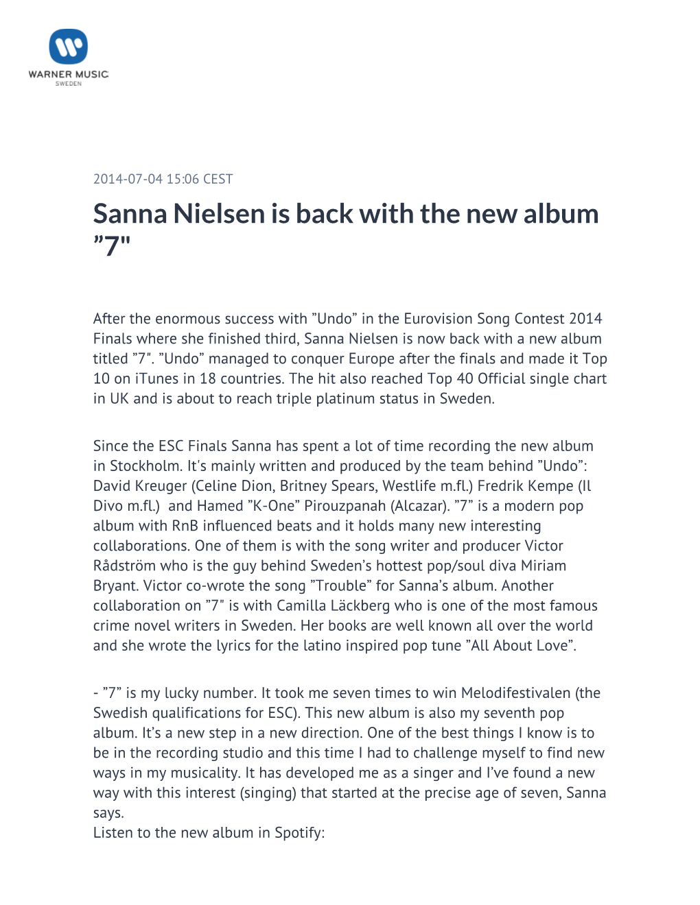 Sanna Nielsen Is Back with the New Album ”7