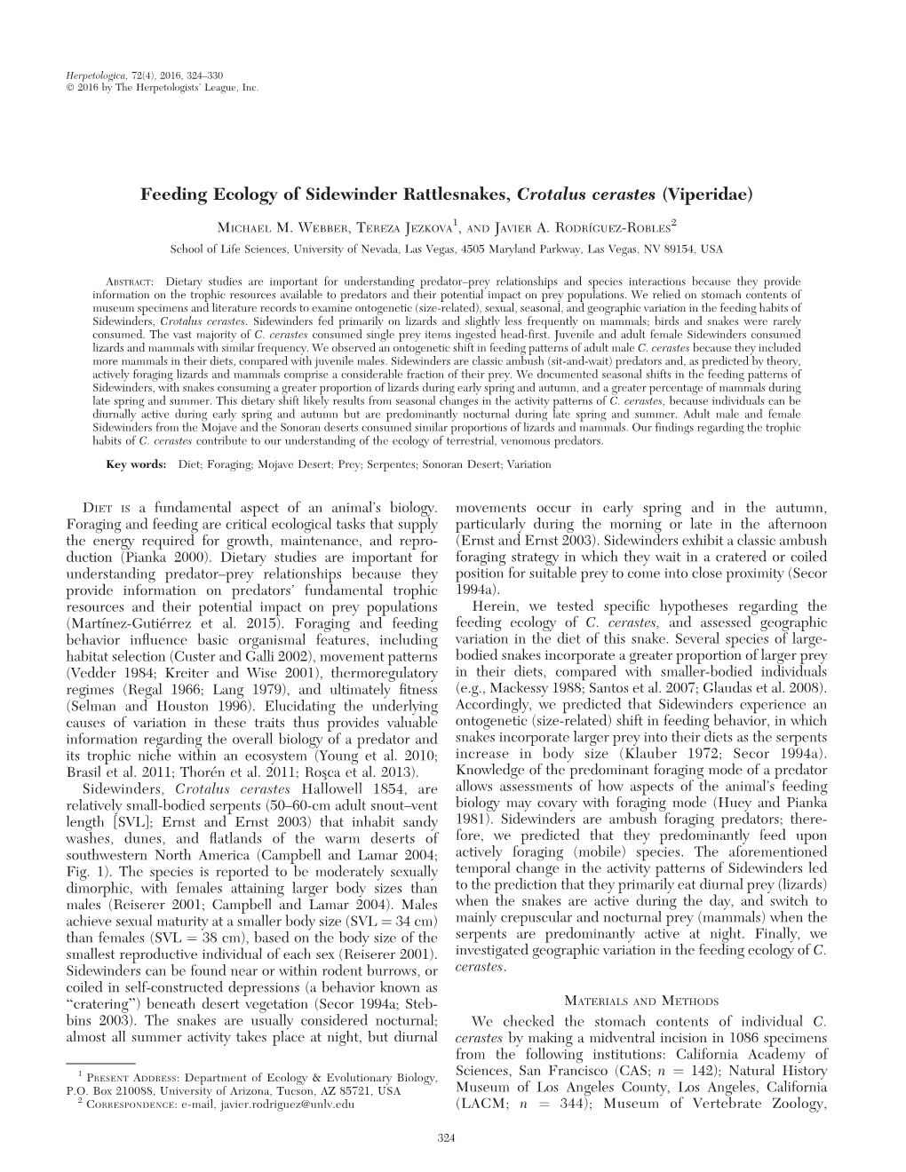 Feeding Ecology of Sidewinder Rattlesnakes, Crotalus Cerastes (Viperidae)