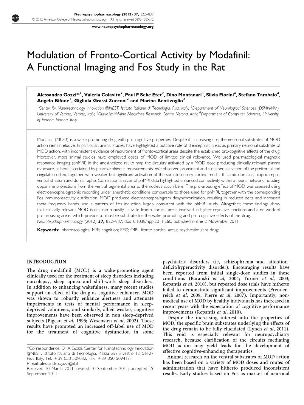 Modulation of Fronto-Cortical Activity by Modafinil: a Functional Imaging and Fos Study in the Rat