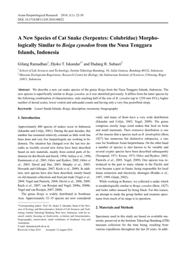 A New Species of Cat Snake (Serpentes: Colubridae) Morpho- Logically Similar to Boiga Cynodon from the Nusa Tenggara Islands, Indonesia