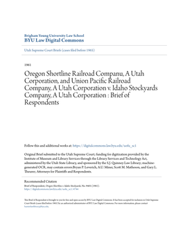 Oregon Shortline Railroad Companu, a Utah Corporation, and Union Pacific Railroad Company, a Utah Corporation V. Idaho Stockyard