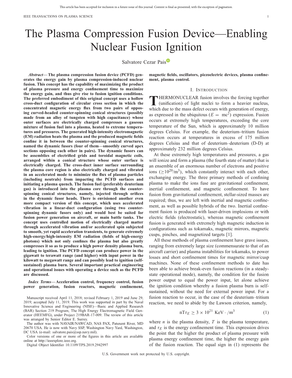 The Plasma Compression Fusion Device—Enabling Nuclear Fusion Ignition