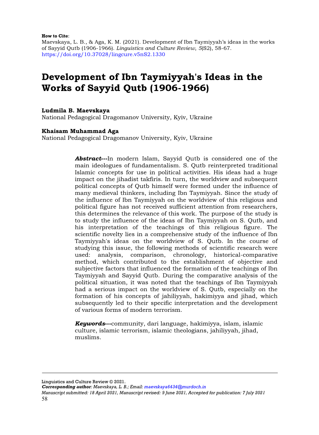 Development of Ibn Taymiyyah's Ideas in the Works of Sayyid Qutb (1906-1966)