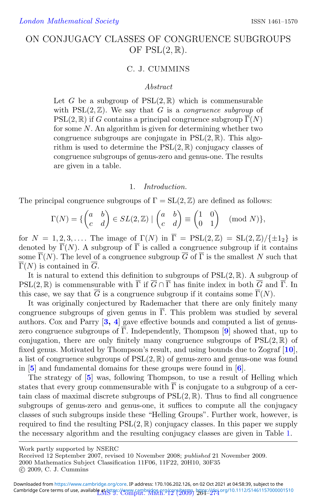 On Conjugacy Classes of Congruence Subgroups of Psl(2, R)