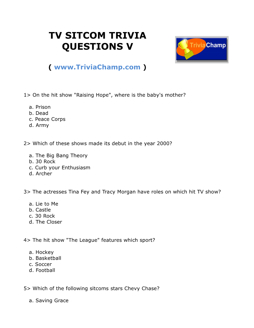 Tv Sitcom Trivia Questions V