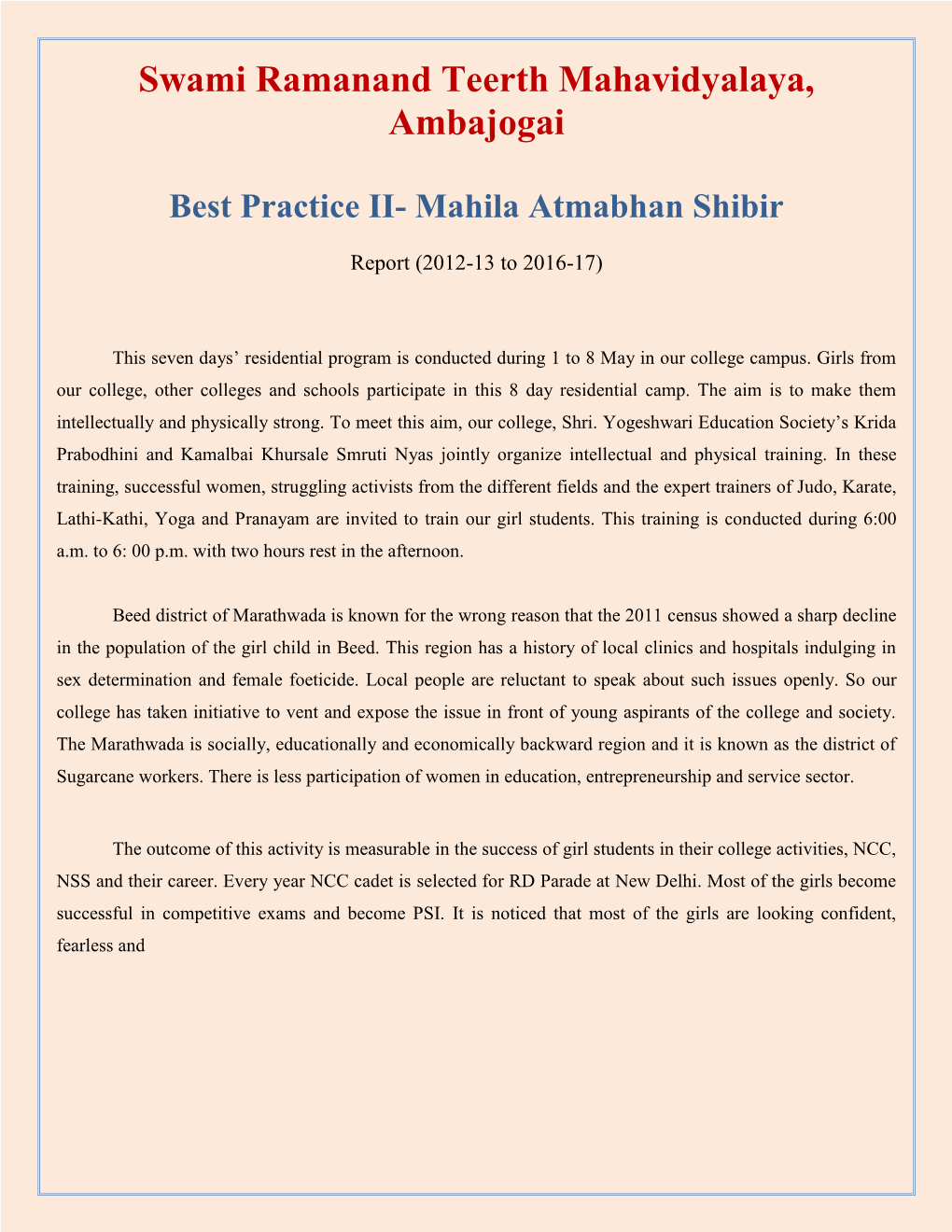 Best Practice II- Mahila Atmabhan Shibir
