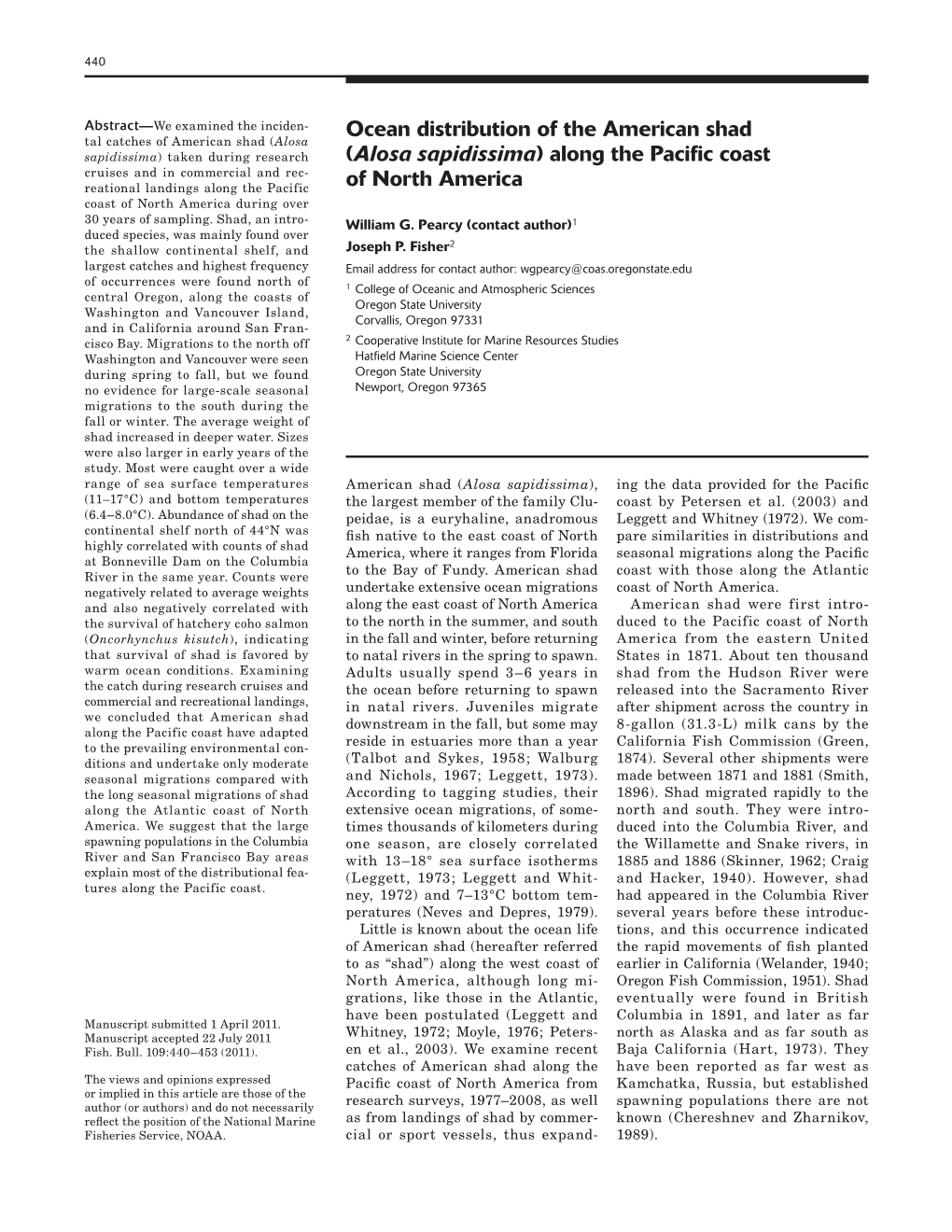 Ocean Distribution of the American Shad (Alosa Sapidissima) Along The