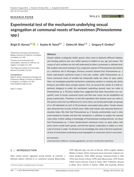 Experimental Test of the Mechanism Underlying Sexual Segregation at Communal Roosts of Harvestmen (Prionostemma Spp.)