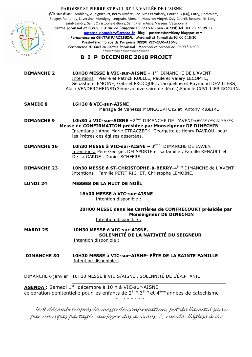 B I P DECEMBRE 2018 PROJET Le 9 Décembre Après La Messe De