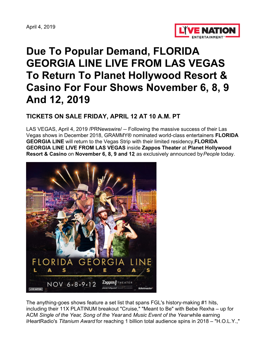 Due to Popular Demand, FLORIDA GEORGIA LINE LIVE from LAS VEGAS to Return to Planet Hollywood Resort & Casino for Four Shows November 6, 8, 9 and 12, 2019