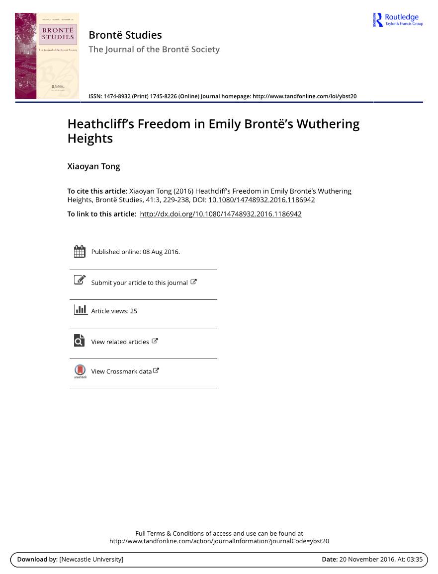 Heathcliff's Freedom in Emily Brontë's Wuthering Heights. Brontë Studies