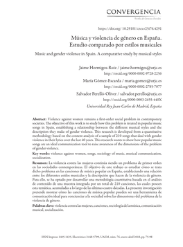 Música Y Violencia De Género En España. Estudio Comparado Por Estilos Musicales Music and Gender Violence in Spain