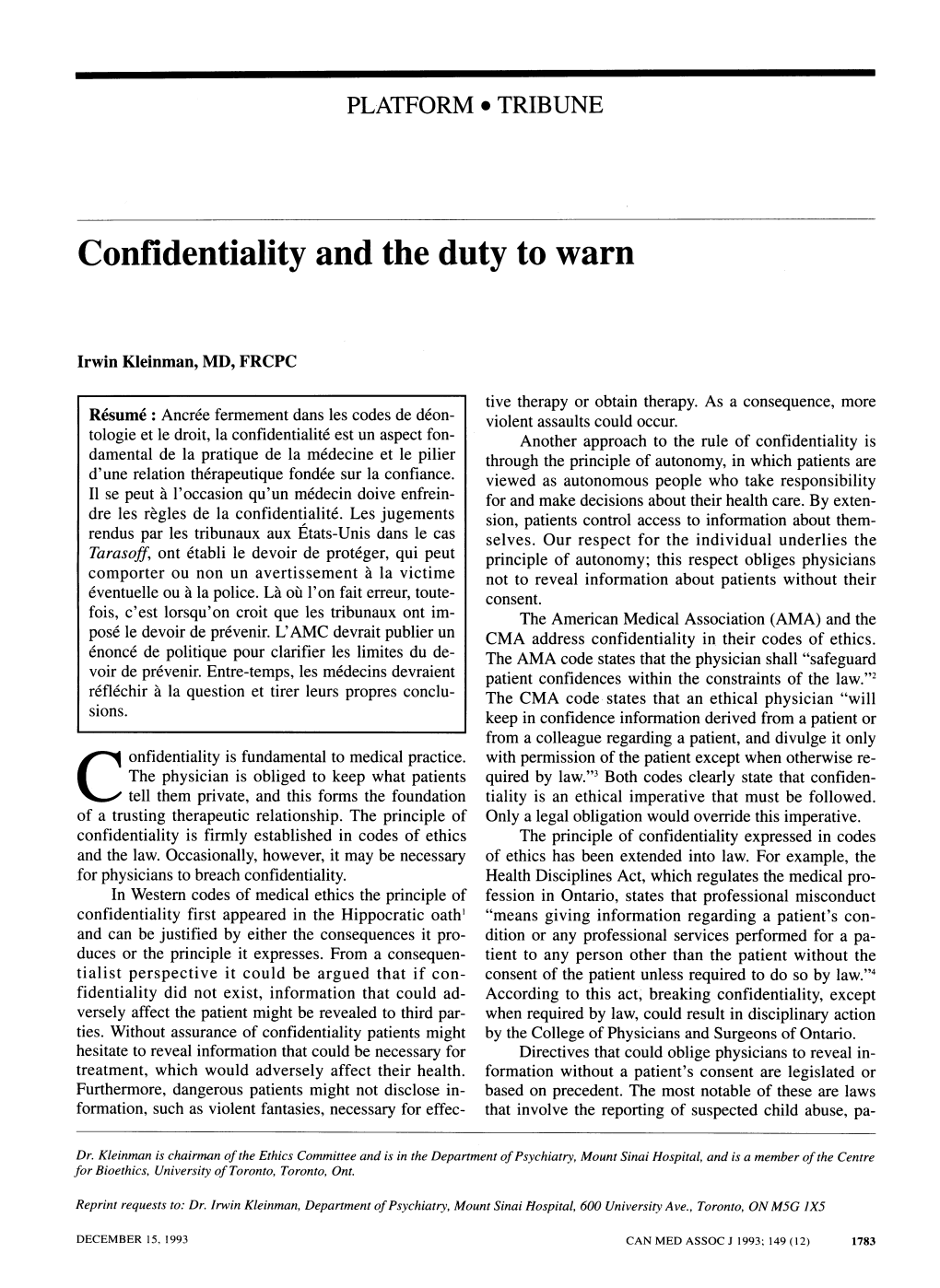 Confidentiality and the Duty to Warn