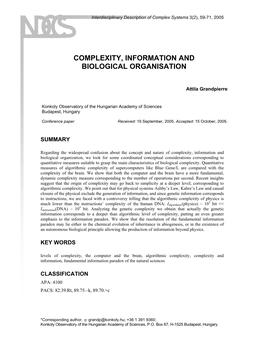 Complexity, Information and Biological Organisation