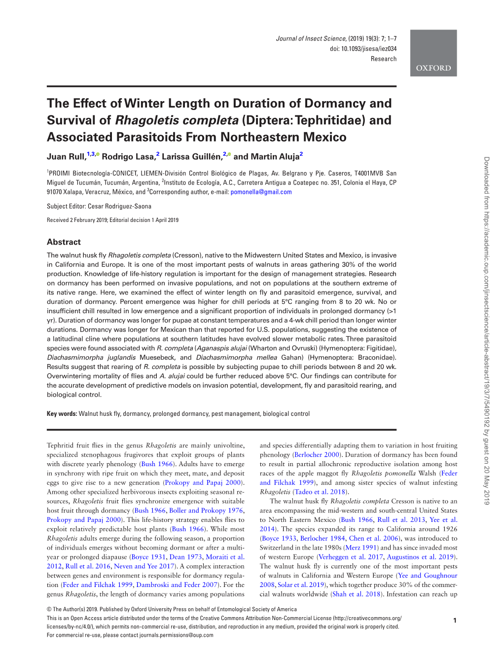 The Effect of Winter Length on Duration of Dormancy and Survival of Rhagoletis Completa (Diptera: Tephritidae) and Associated Parasitoids from Northeastern Mexico
