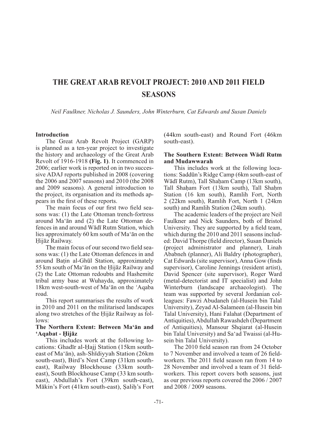 The Great Arab Revolt Project: 2010 and 2011 Field Seasons