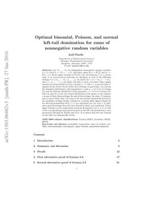 Optimal Binomial, Poisson, and Normal Left-Tail Domination for Sums of Nonnegative Random Variables