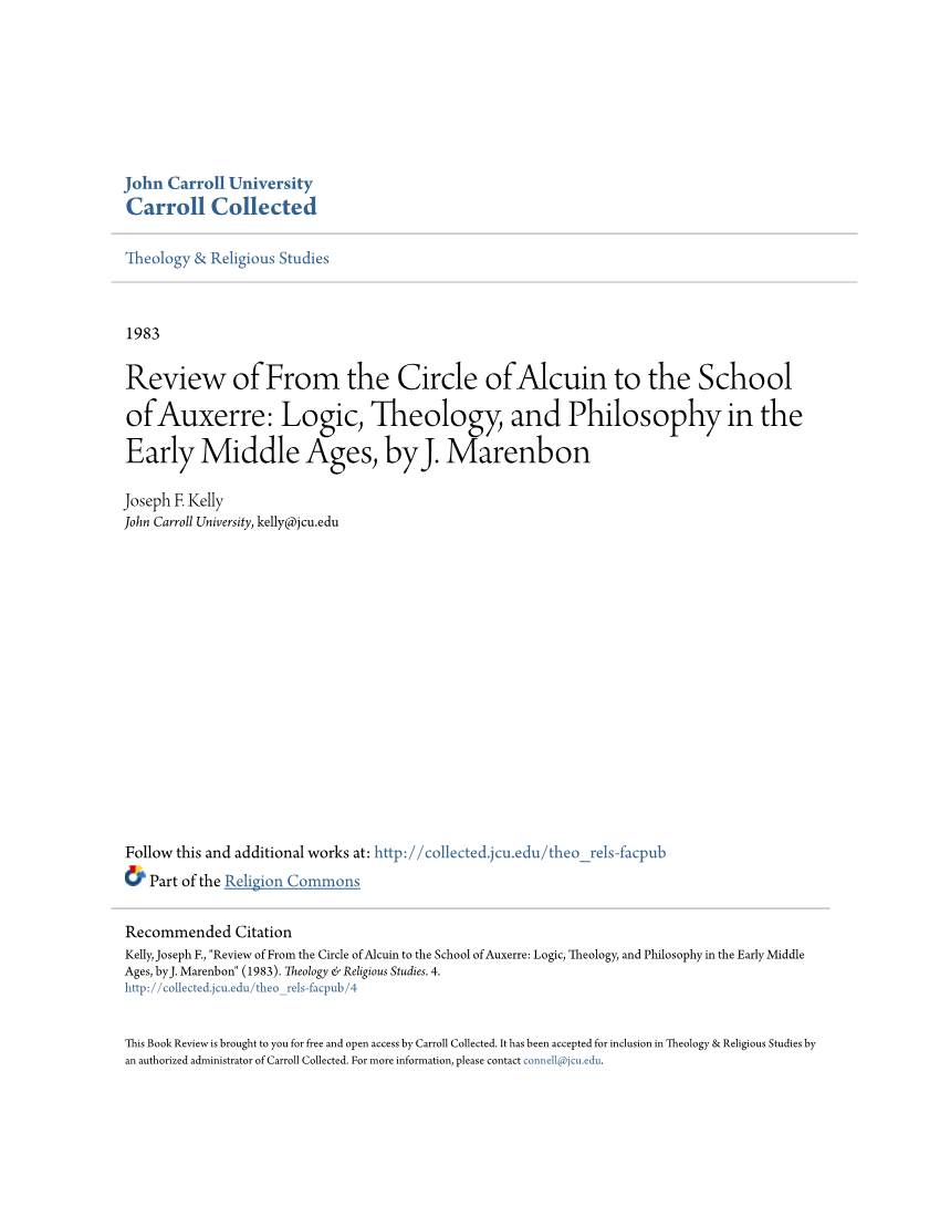 Review of from the Circle of Alcuin to the School of Auxerre: Logic, Theology, and Philosophy in the Early Middle Ages, by J. Marenbon Joseph F