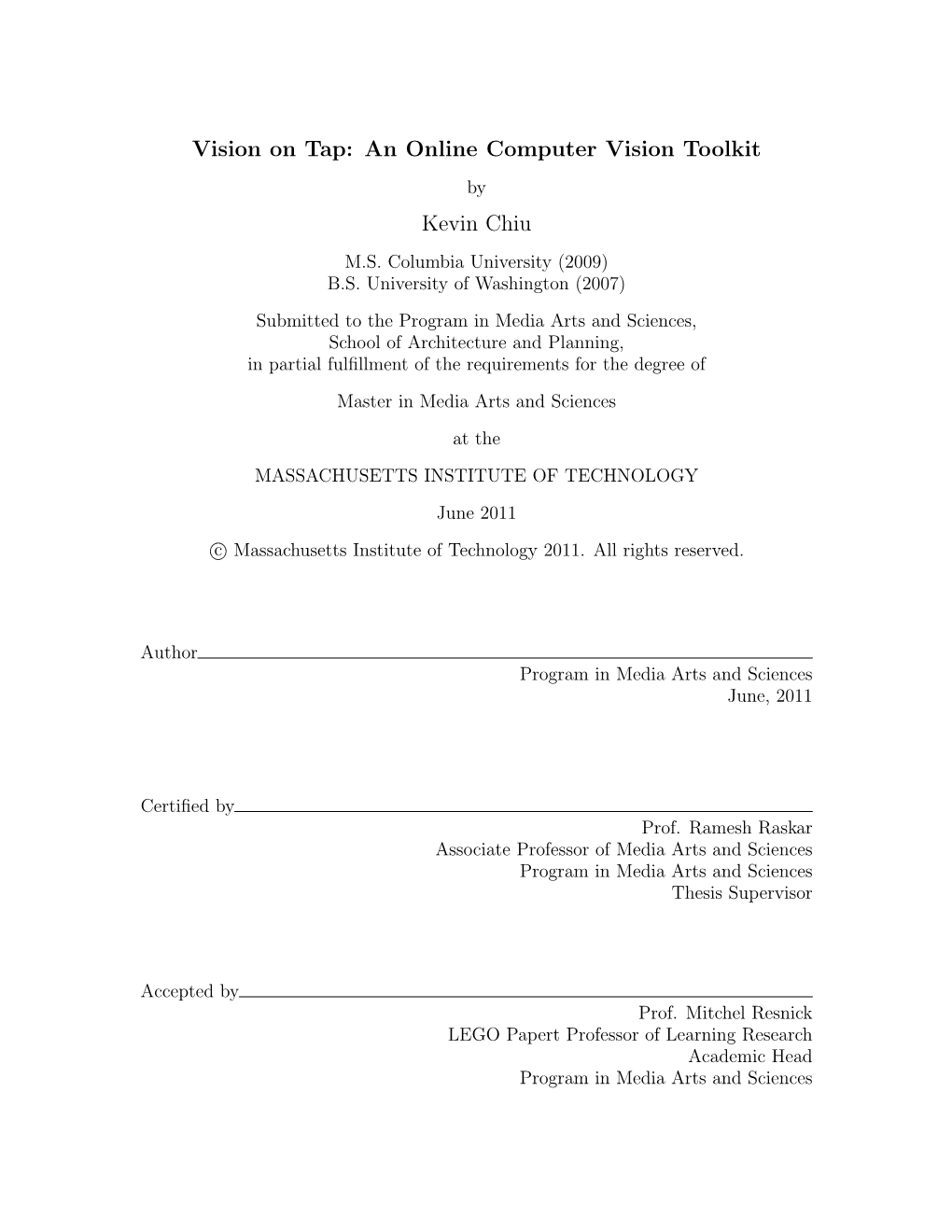 An Online Computer Vision Toolkit Kevin Chiu