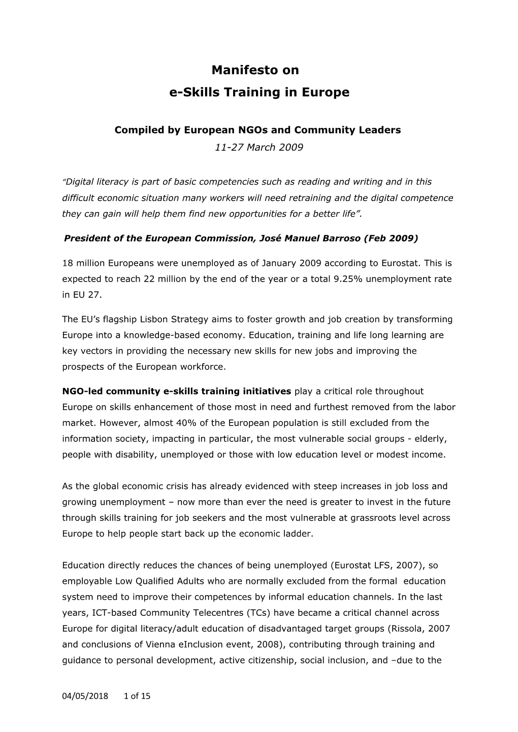 Manifesto on Eskills in Europe