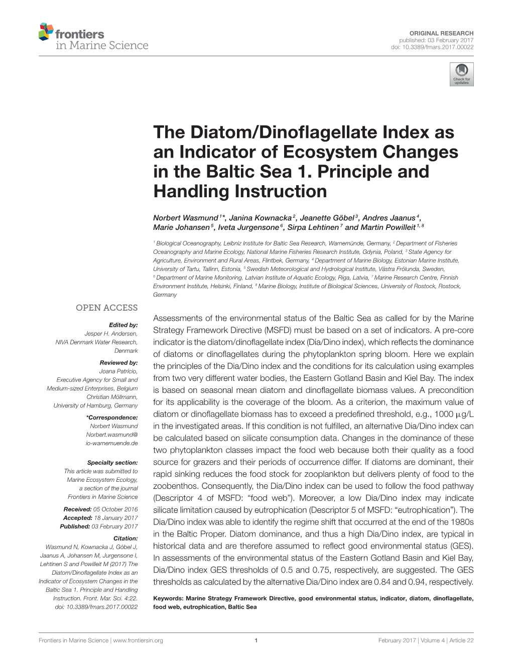 The Diatom/Dinoflagellate Index As an Indicator of Ecosystem Changes In