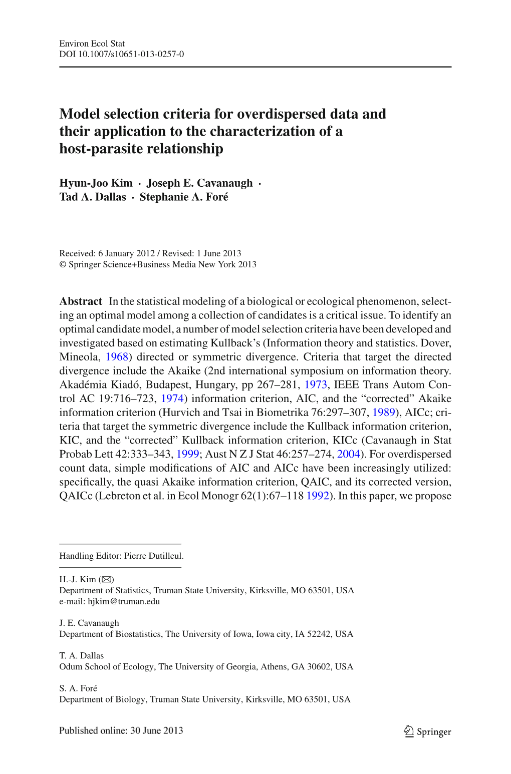 Model Selection Criteria for Overdispersed Data and Their Application to the Characterization of a Host-Parasite Relationship