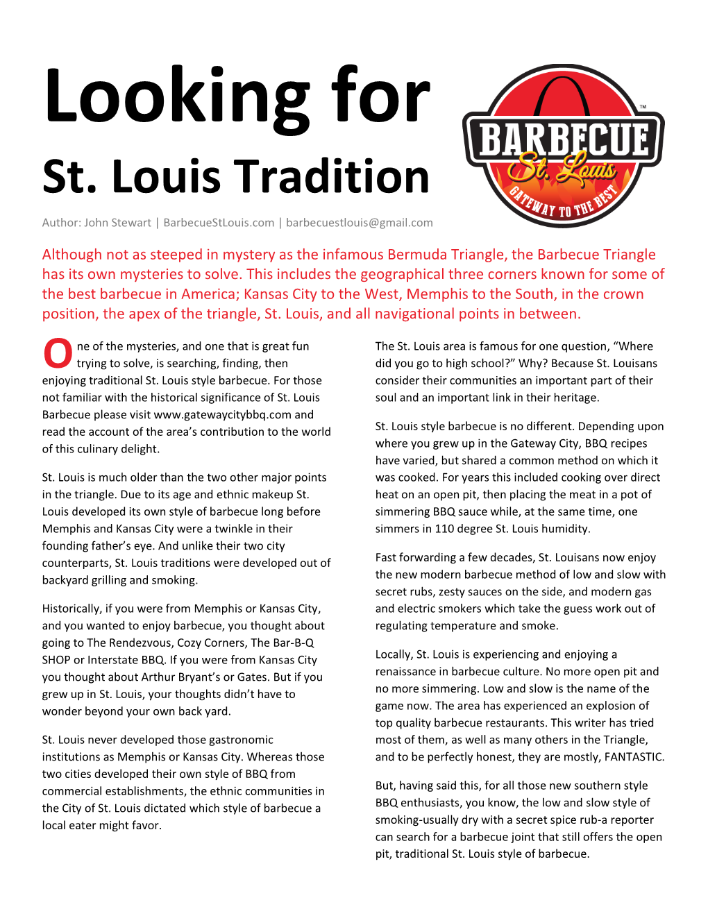 Looking for St. Louis Tradition Author: John Stewart | Barbecuestlouis.Com | Barbecuestlouis@Gmail.Com