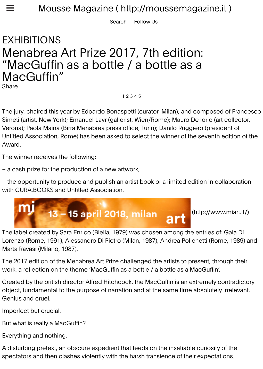Menabrea Art Prize 2017, 7Th Edition: “Macguffin As a Bottle / a Bottle As a Macguffin”