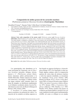 Composición De Ácidos Grasos De Los Caracoles Marinos Phyllonotus Pomum Y Chicoreus Brevifrons (Gastropoda: Muricidae)
