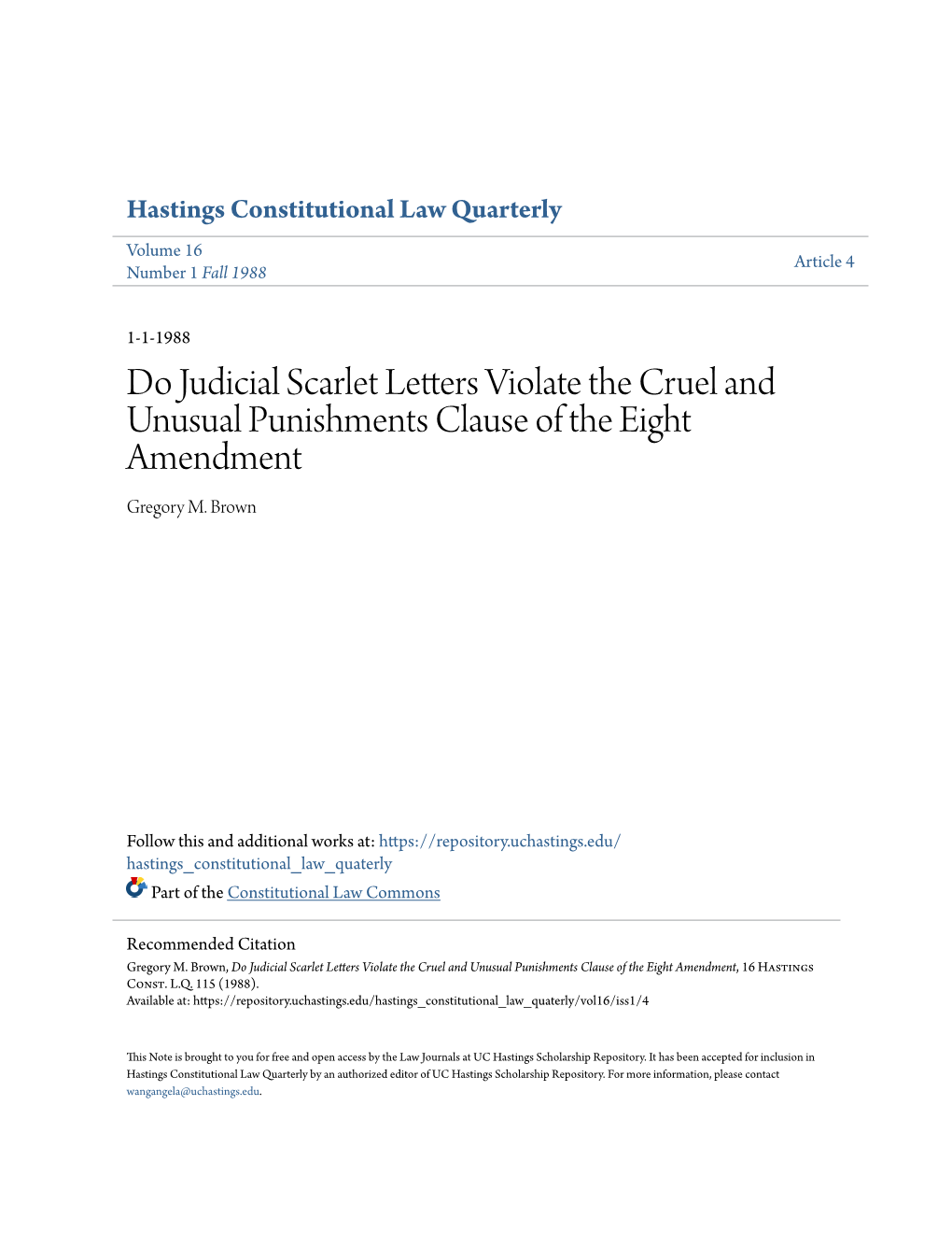 Do Judicial Scarlet Letters Violate the Cruel and Unusual Punishments Clause of the Eight Amendment Gregory M