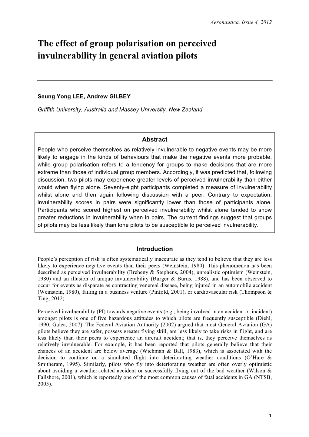 The Effect of Group Polarisation on Perceived Invulnerability in General Aviation Pilots