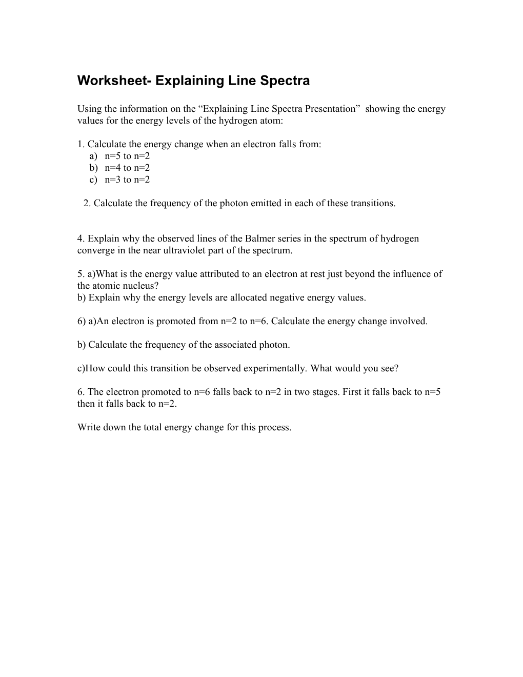 Worksheet- Explaining Line Spectra