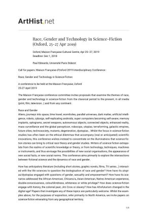 Race, Gender and Technology in Science-Fiction (Oxford, 25-27 Apr 2019)