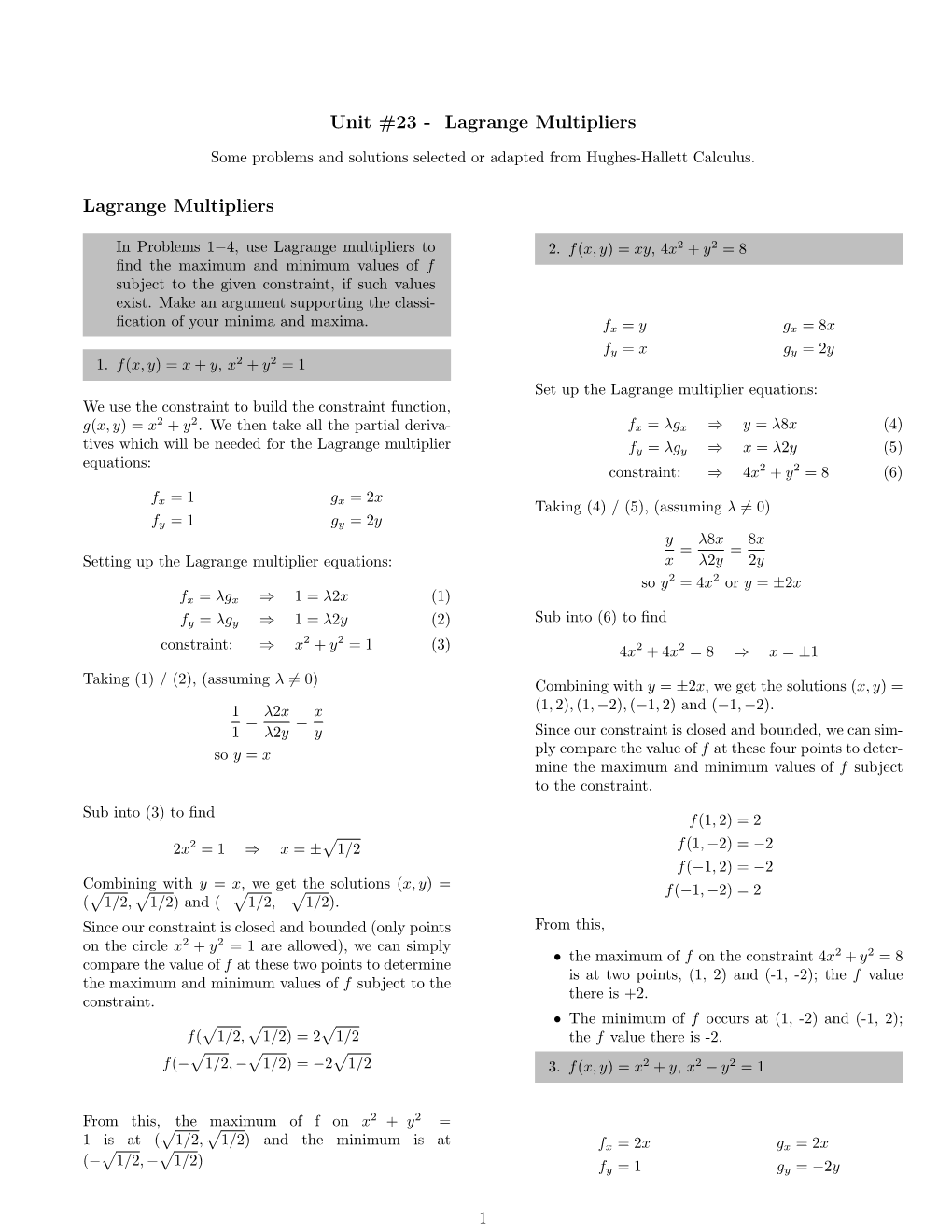 Unit #23 - Lagrange Multipliers