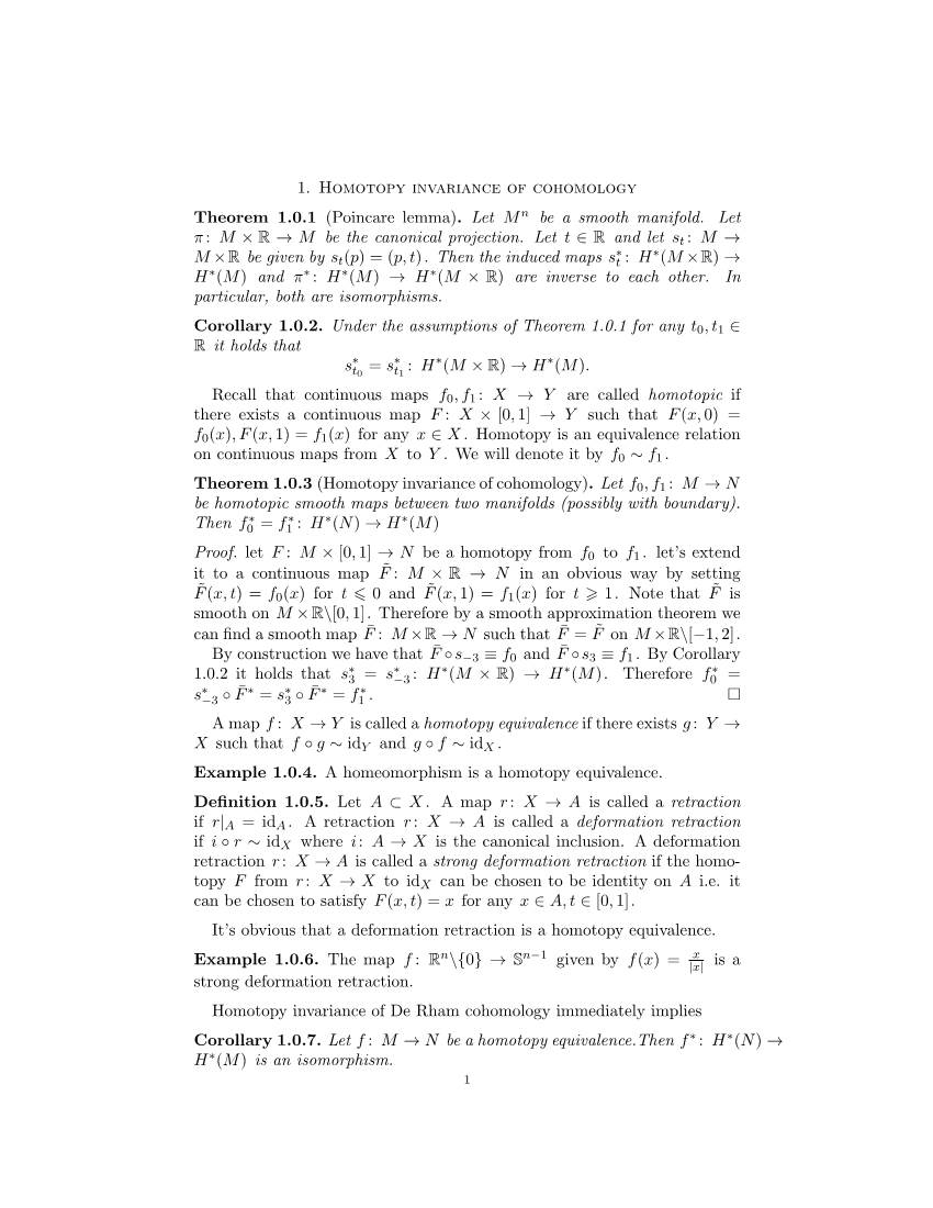 1. Homotopy Invariance of Cohomology Theorem 1.0.1 (Poincare Lemma)