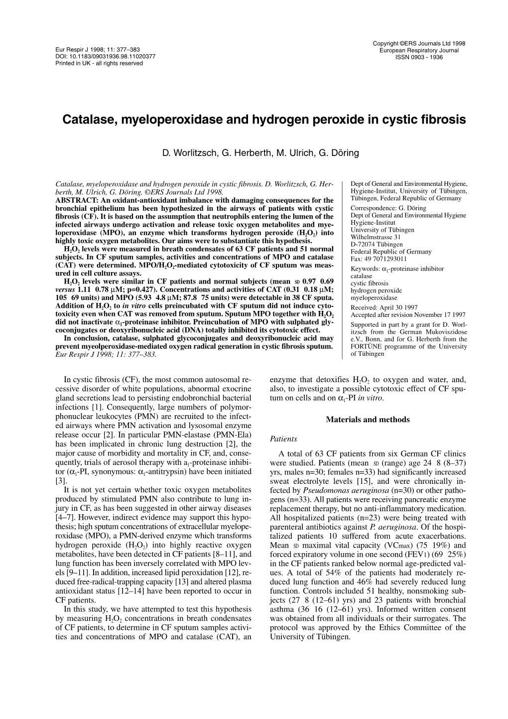 Catalase, Myeloperoxidase and Hydrogen Peroxide in Cystic Fibrosis
