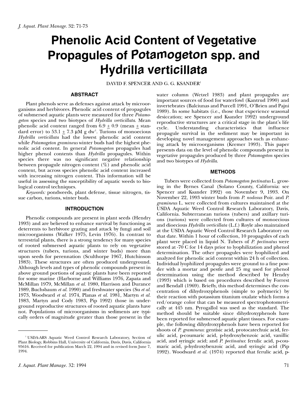 Phenolic Acid Content of Vegetative Propagules of Potamogeton Spp